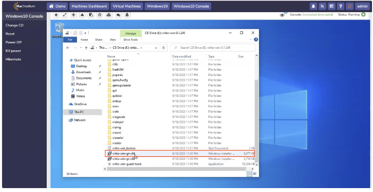 Windows Explorer with virtio-win-gt-x64 installer file highlighted