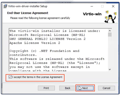Virtio Windows Guest Tools license terms screen