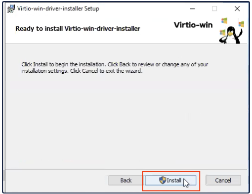 Virtio Windows Guest Tools ready to install screen with Install button