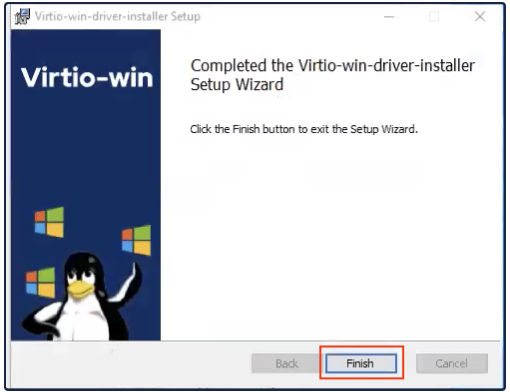 Virtio Windows Guest Tools Setup Wizard completion screen with Finish button