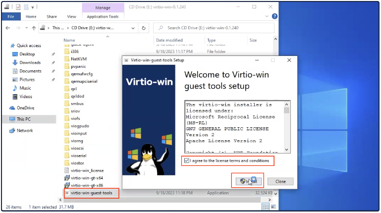 Virtio guest tools installer with Install button
