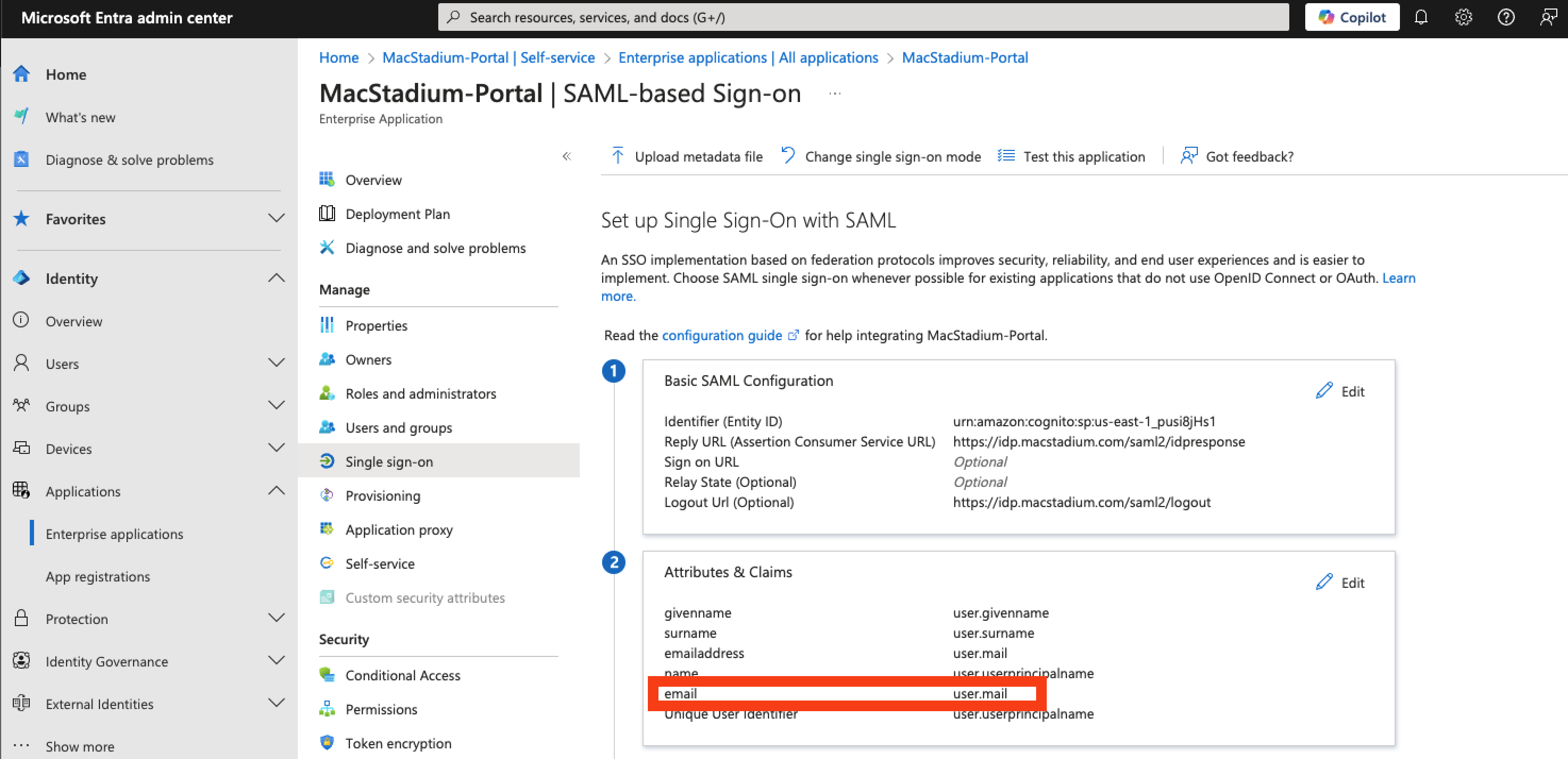 Azure SAML app section 2 showing correctly configured Attributes and Claims