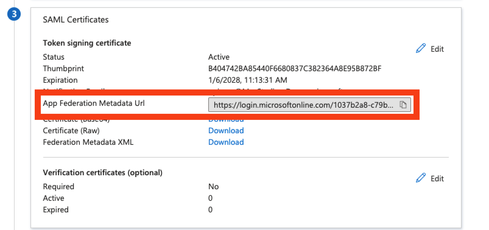 Azure SAML app section 3 showing App Federation Metadata URL to copy