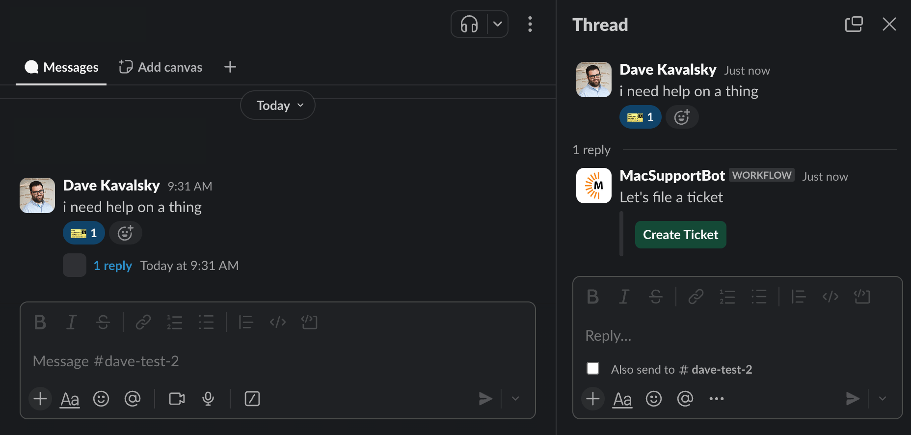 Slack thread showing automated response prompting to create a ticket