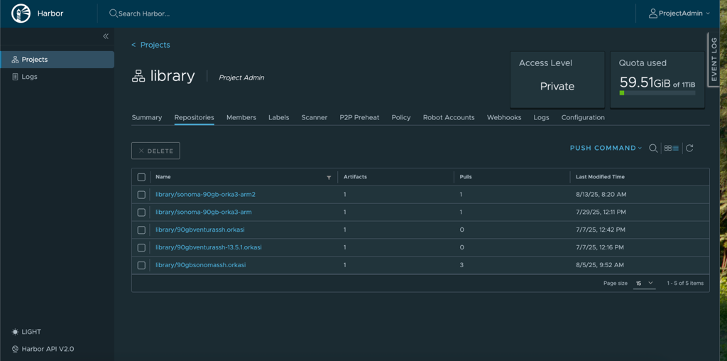 Harbor dashboard showing Repositories section