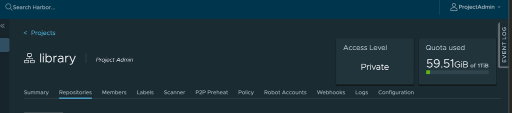Harbor project settings showing storage quota usage