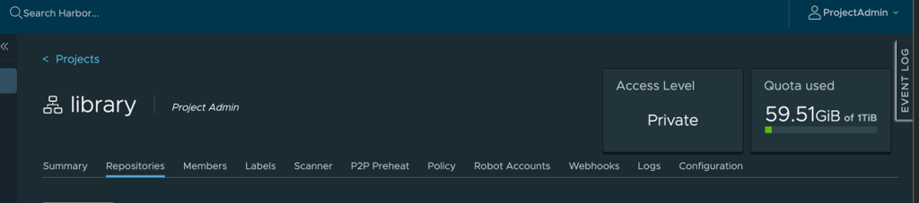 Harbor project settings showing storage quota usage