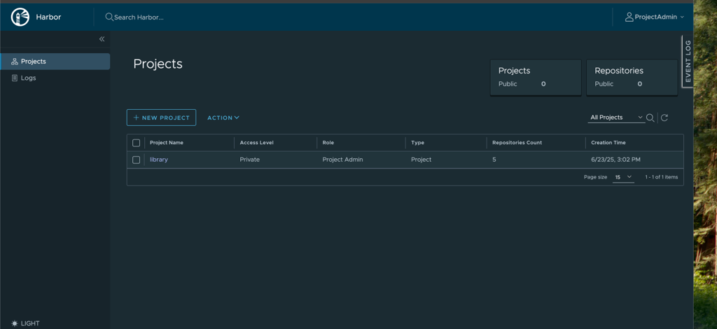 Harbor dashboard showing Projects section