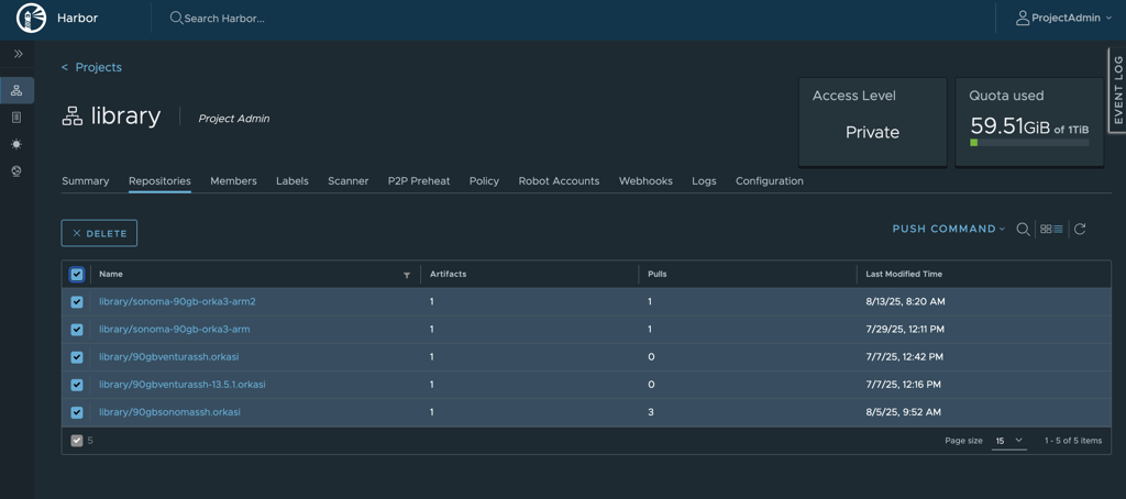 Harbor repository with image tags selected for deletion