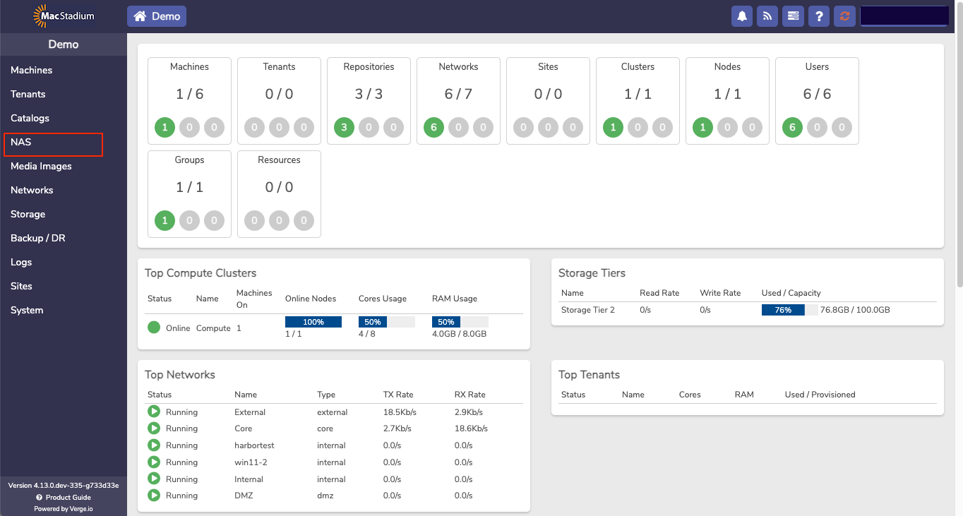 Private Cloud left sidebar with NAS option highlighted
