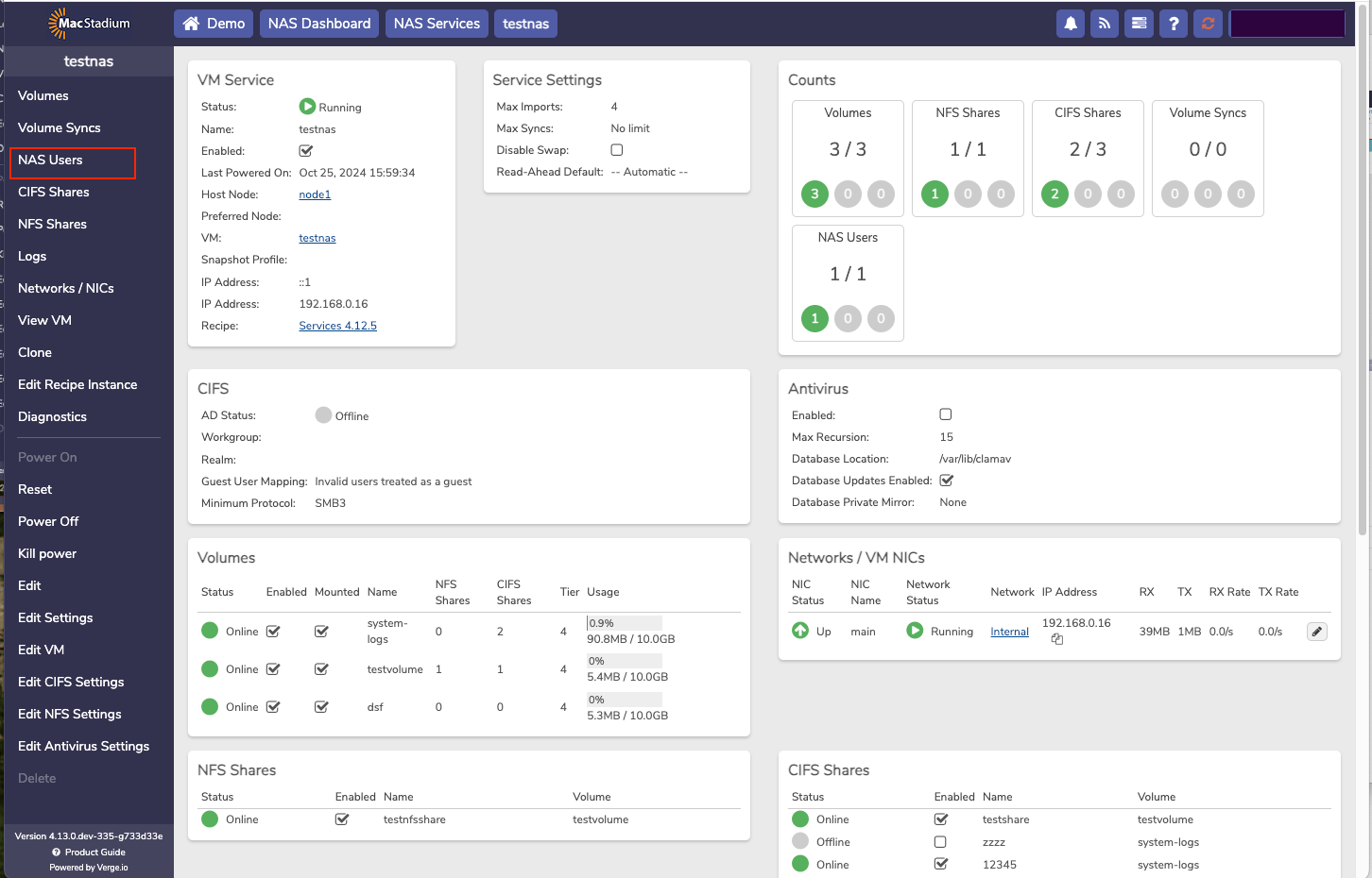 Private Cloud NAS Service Users tab