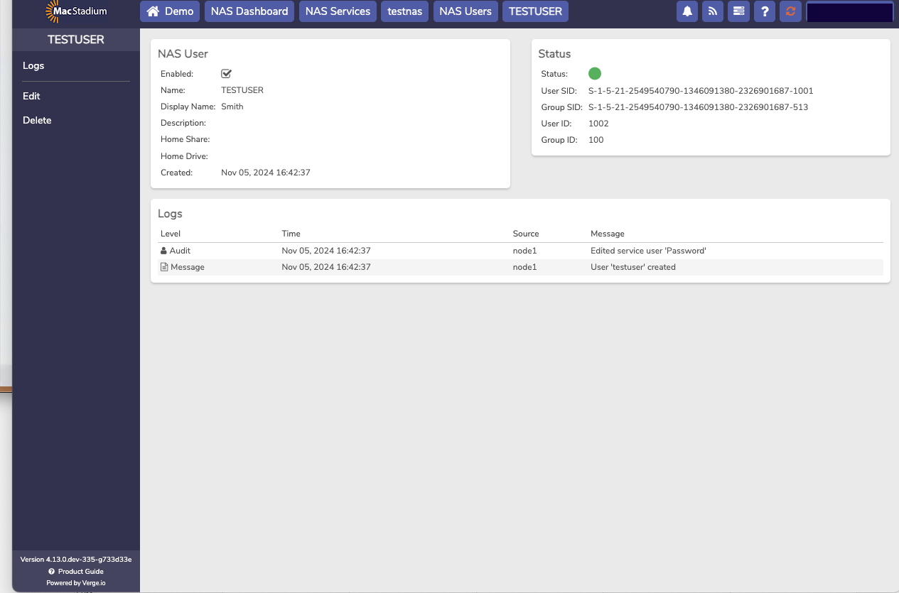 Private Cloud NAS Users list showing the newly created user