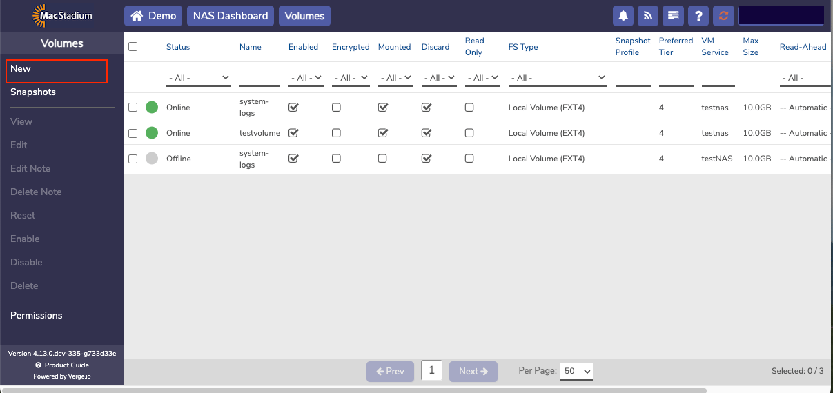 Private Cloud Volumes page with New button in left menu