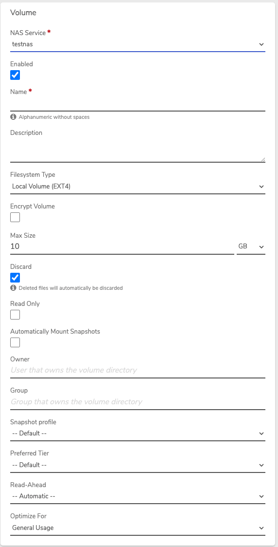 Private Cloud New Volume form with NAS Service dropdown