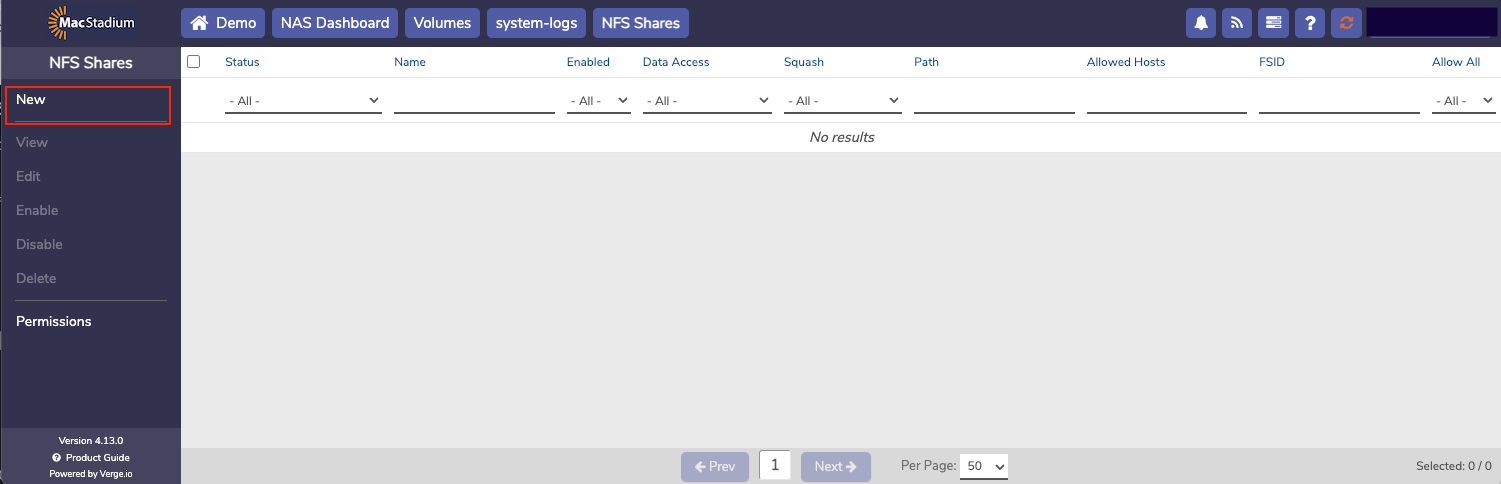 Private Cloud NFS Shares page with New button