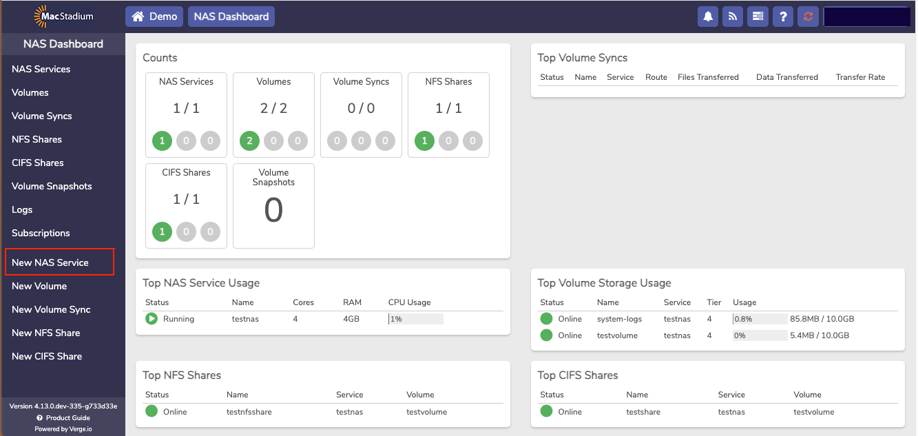 Private Cloud NAS Dashboard with no services and New NAS Service button