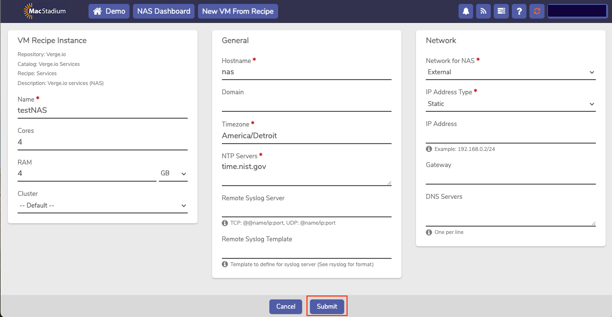 Private Cloud New NAS Service recipe form with VM Recipe Instance fields