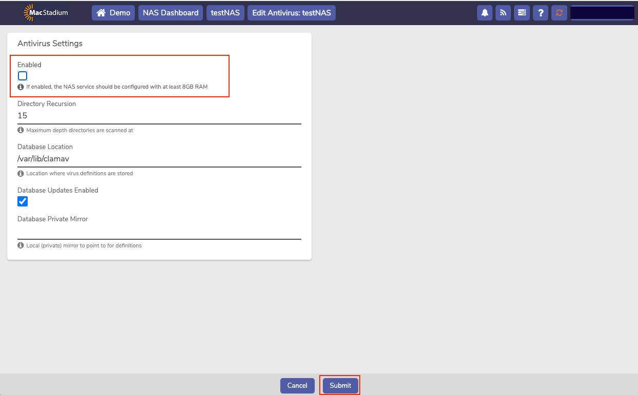 Private Cloud Antivirus Settings dialog with Submit button