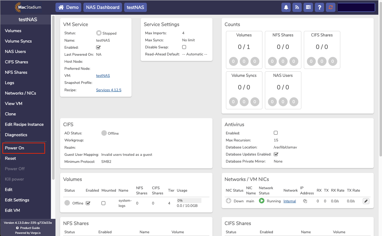 Private Cloud NAS Service dashboard with Power On button