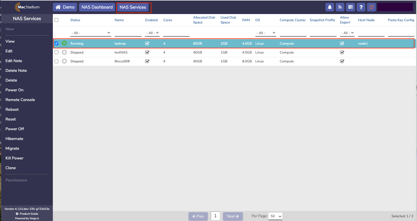 Private Cloud NAS Services list with a service to select