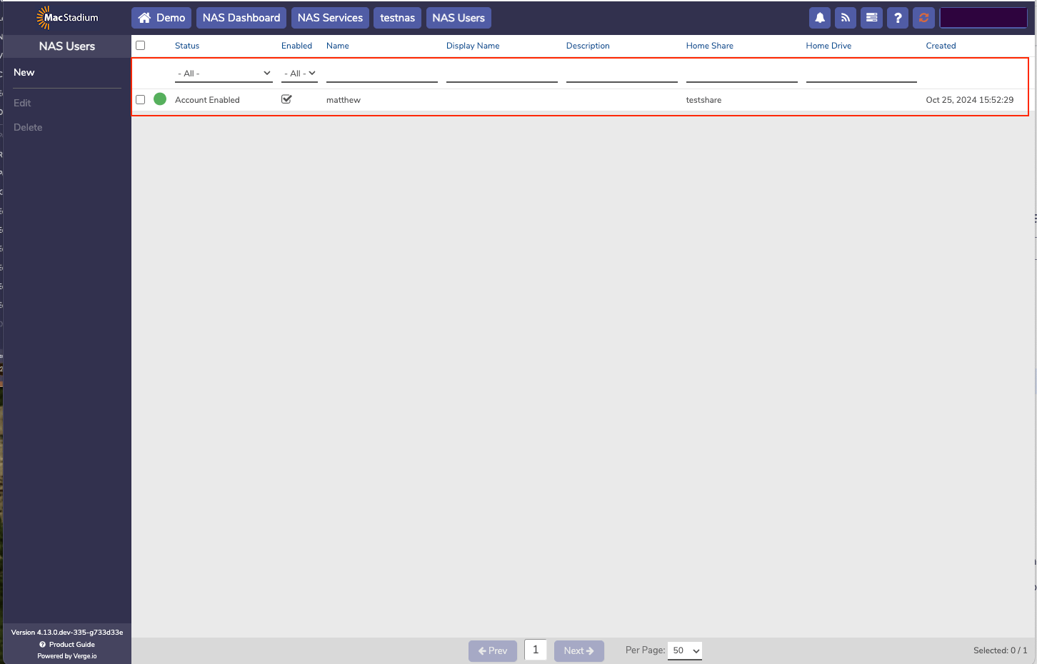 Private Cloud NAS Service detail showing NAS User option