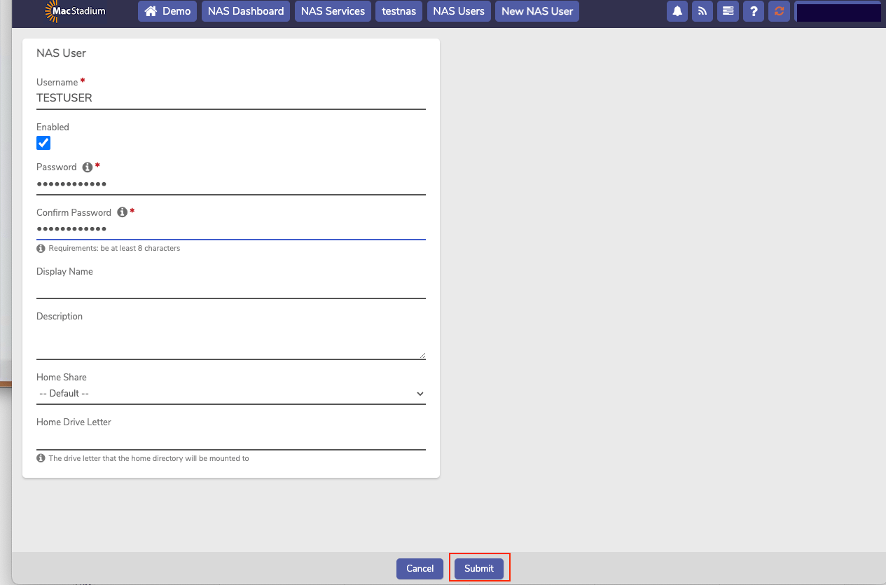 Private Cloud New NAS User form with username and password fields