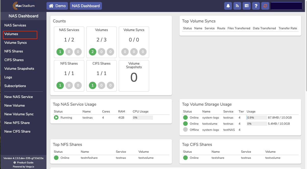 Private Cloud left menu with Volumes option highlighted