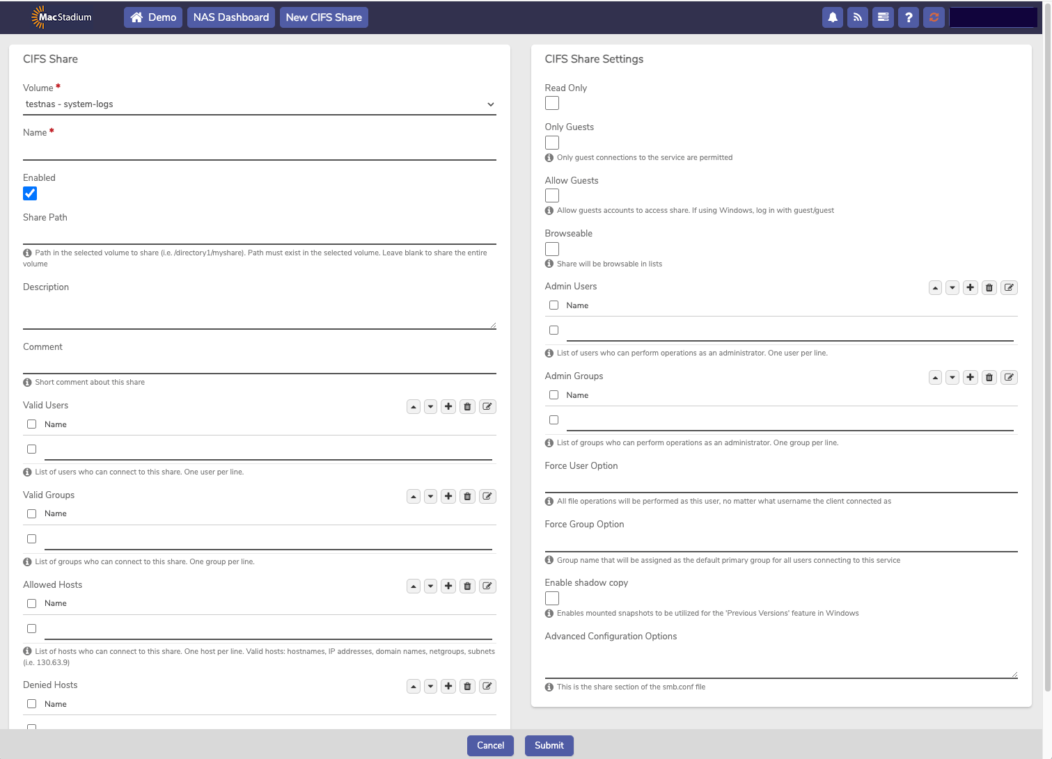Private Cloud CIFS Shares form with Name, Share Path, and permissions fields