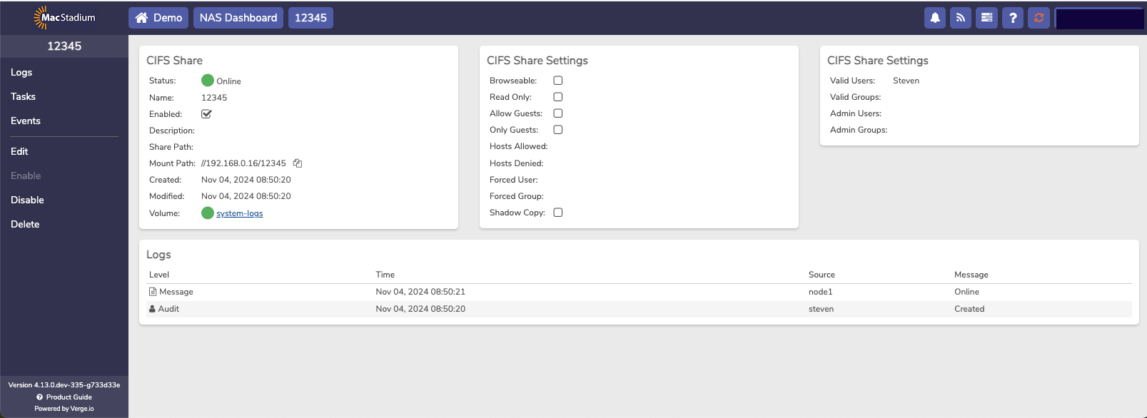 Private Cloud NAS CIFS Shares list showing the newly created share