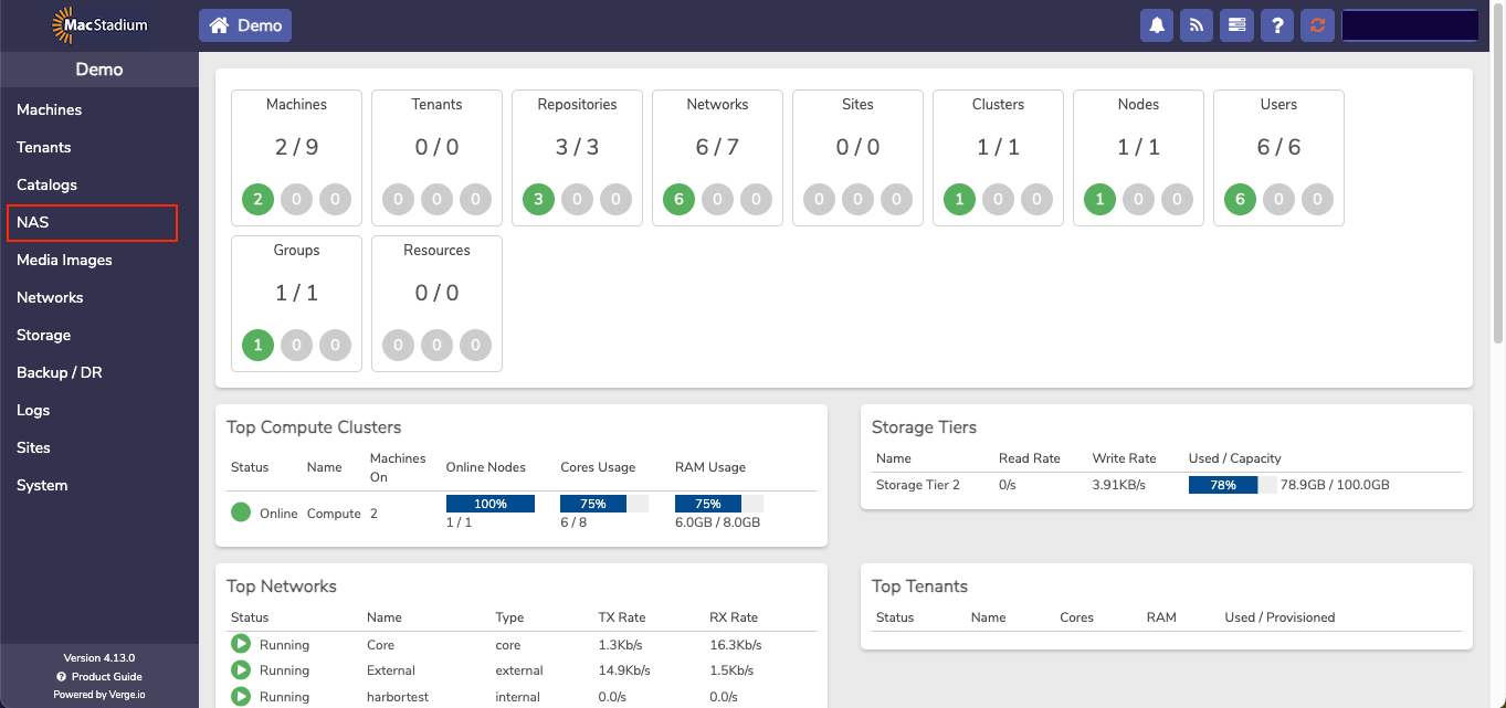 Private Cloud left sidebar with NAS option highlighted