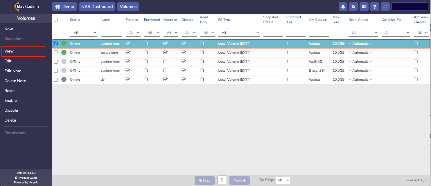 Private Cloud Volumes list with a volume row highlighted