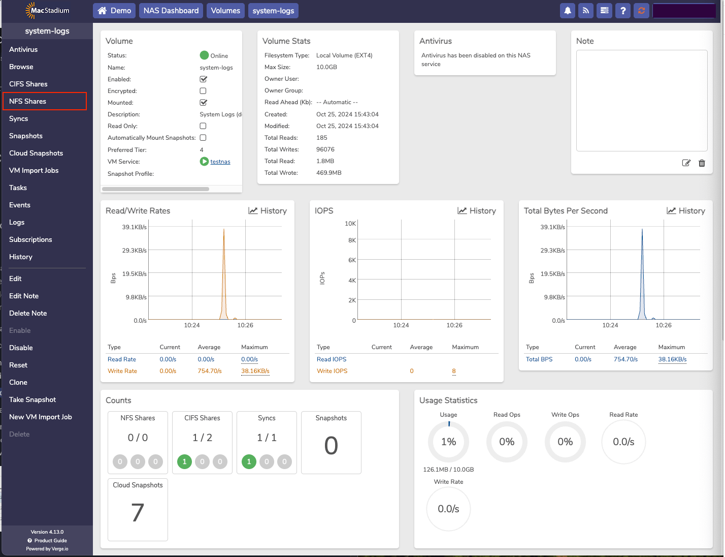Private Cloud Volume NFS Shares tab
