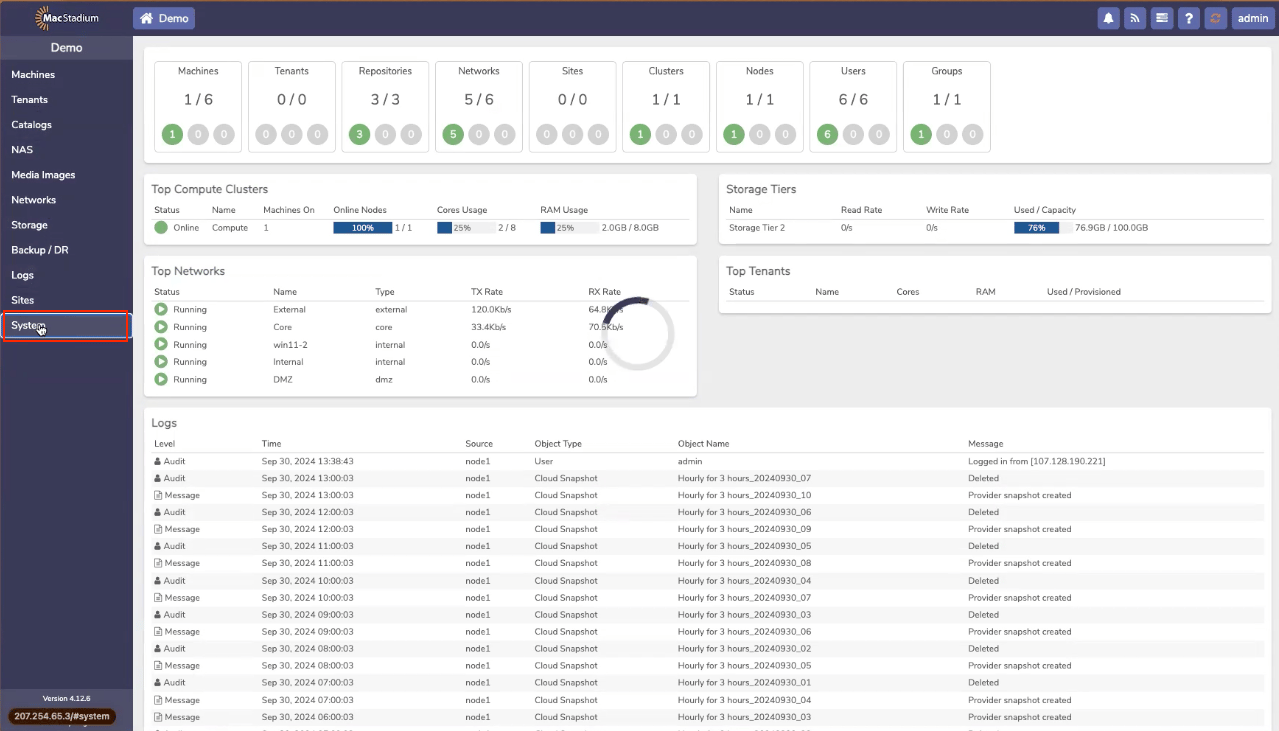 Private Cloud main dashboard with System option in left menu