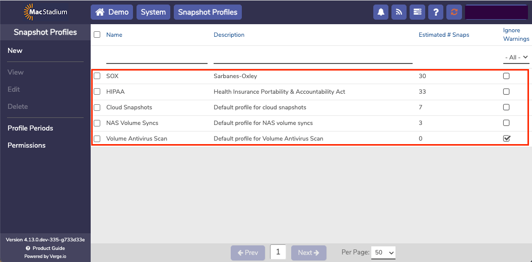 Private Cloud System menu with Snapshot Profiles option