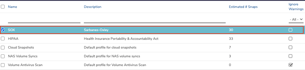 Private Cloud Snapshot Profiles list showing SOX and other default profiles