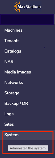 Private Cloud main dashboard with System option in left menu