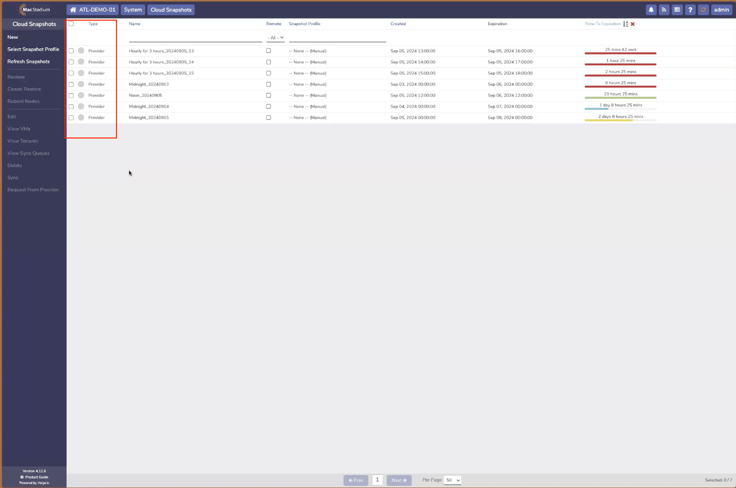 Private Cloud Cloud Snapshots page showing no profile selected