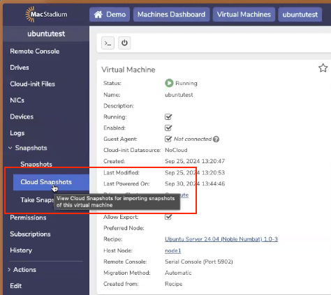 Private Cloud Cloud Snapshots list showing a newly created snapshot entry