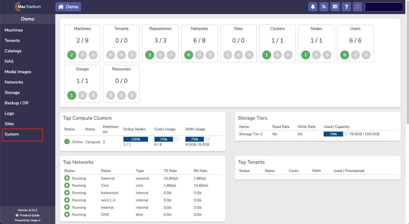 Private Cloud main dashboard with System option in left menu