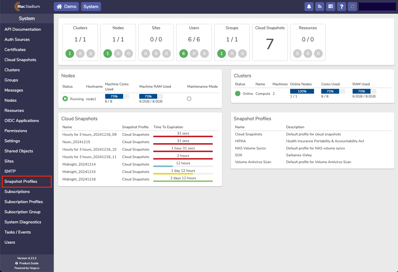 Private Cloud System menu with Snapshot Profiles option highlighted