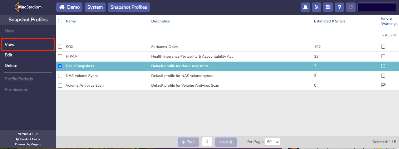 Private Cloud Snapshot Profile dashboard showing periods and edit options