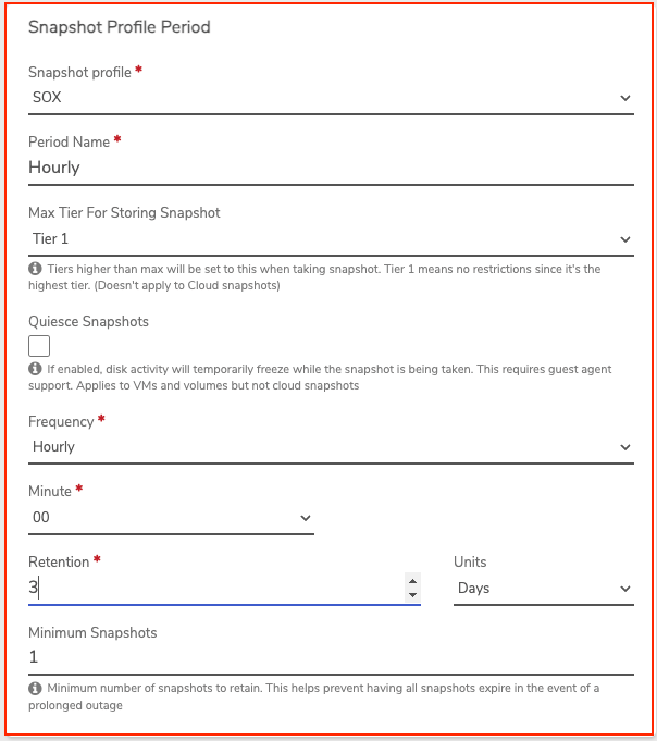 Private Cloud Snapshot Profile Period form with frequency and retention fields