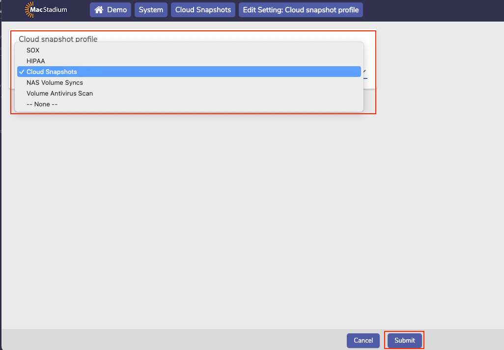 Private Cloud Select Snapshot Profile form with dropdown and Submit button