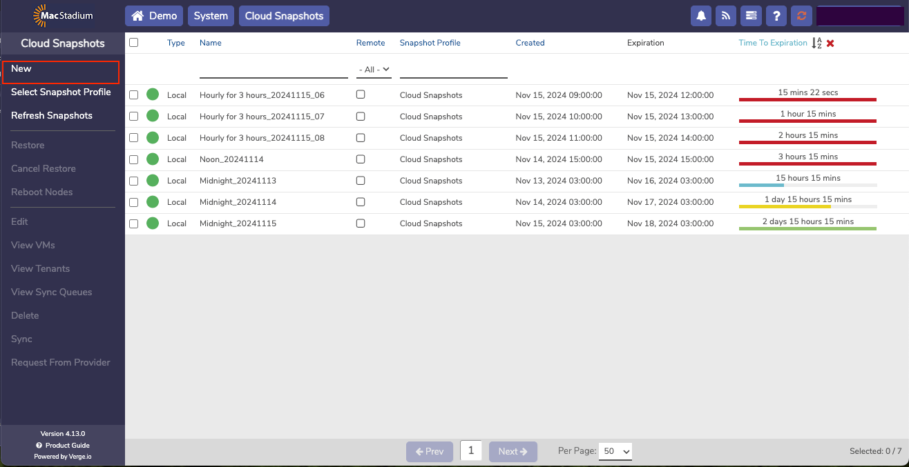 Private Cloud Cloud Snapshots left menu with New option