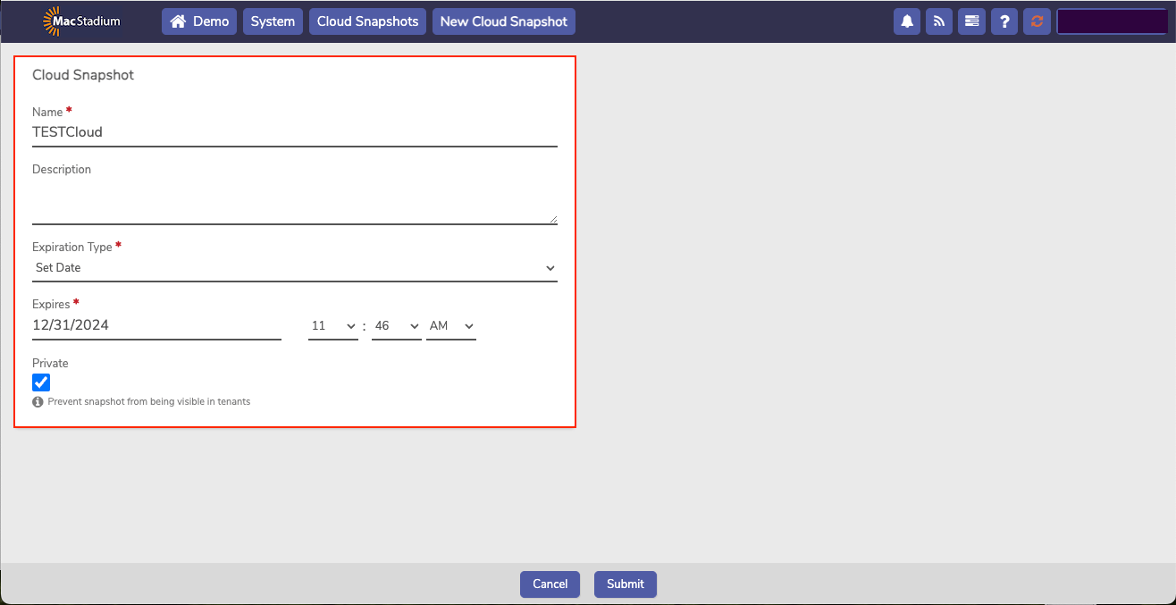 Private Cloud New Cloud Snapshot form with Name, Description, and Expires fields