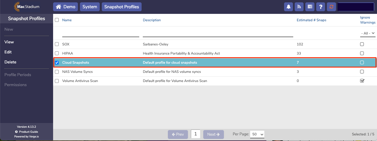 Private Cloud Snapshot Profiles list with a profile row highlighted