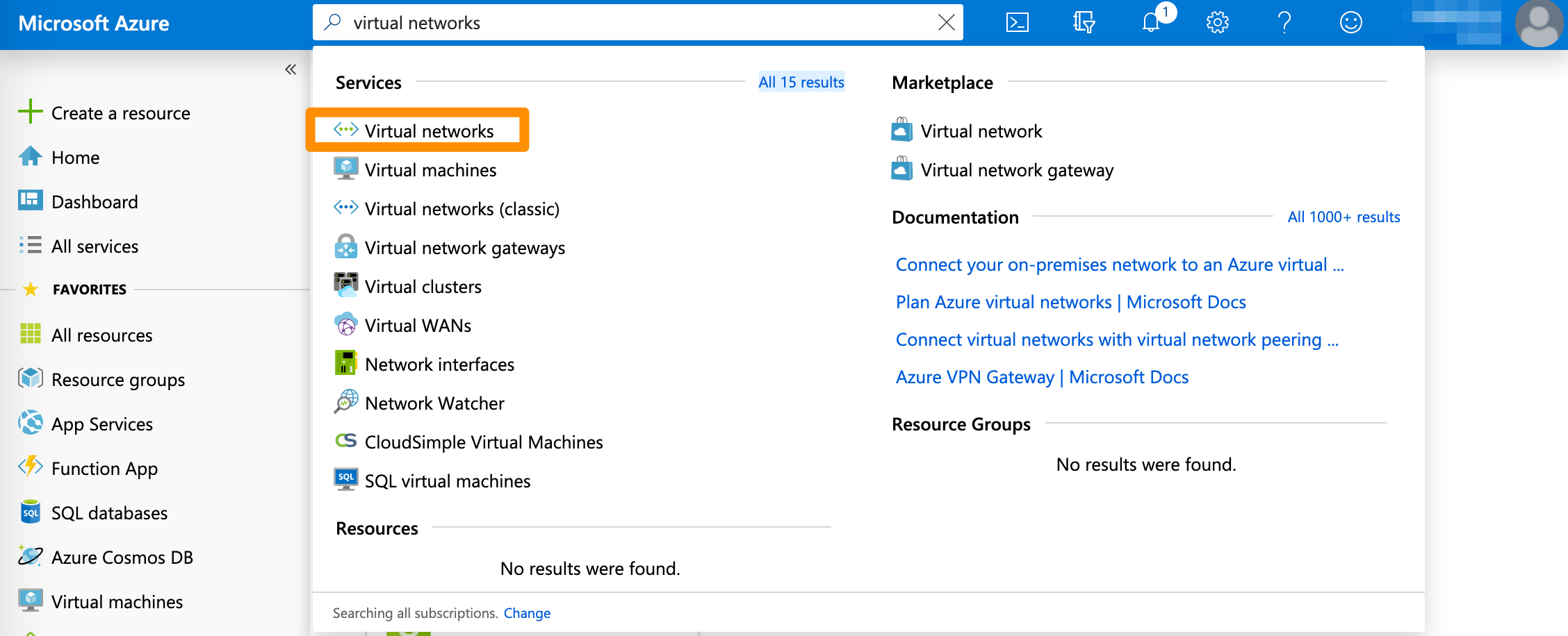 Azure search results with Virtual networks entry highlighted