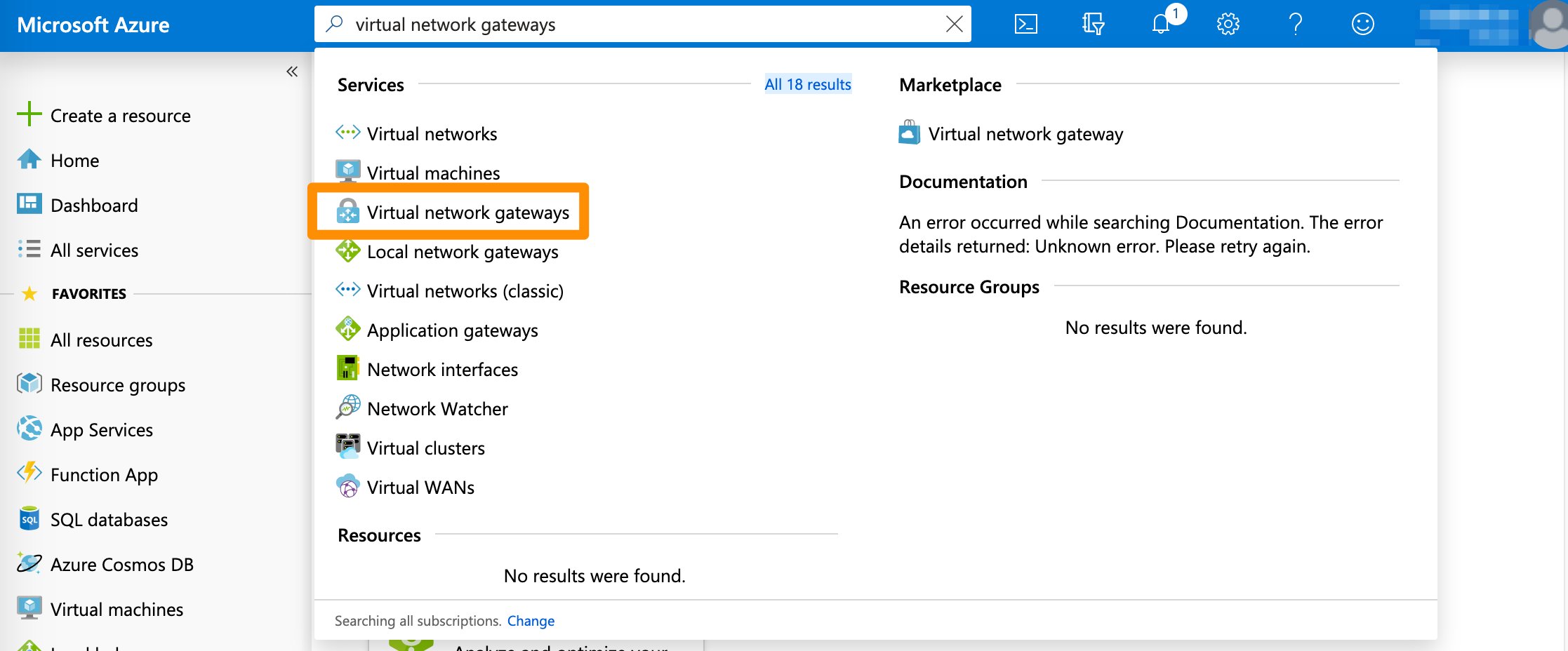 Azure search results with Virtual network gateways entry highlighted