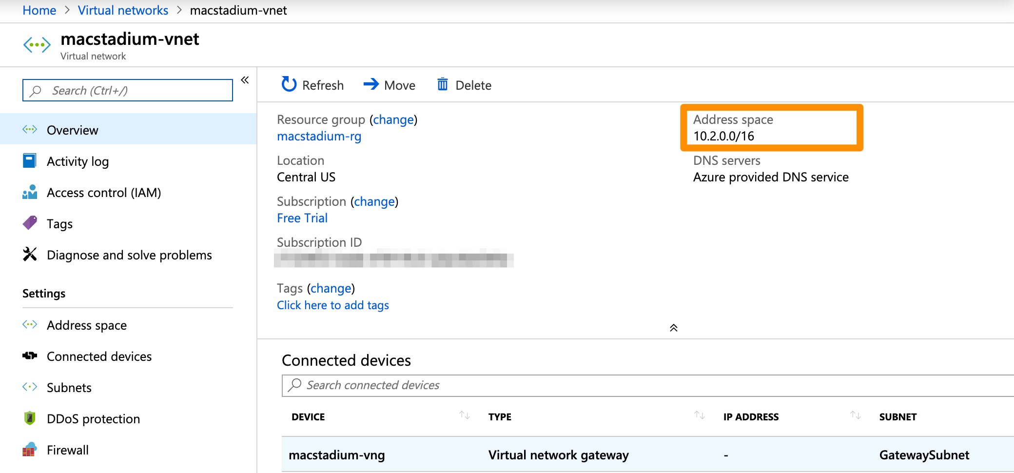 Azure virtual network overview showing Address space in CIDR notation