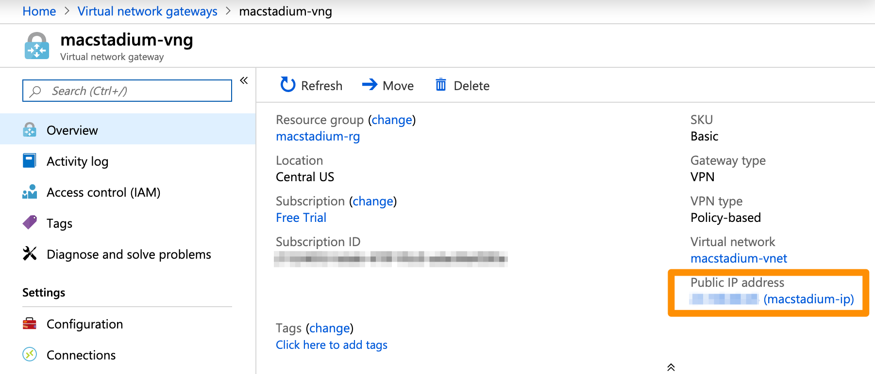 Azure virtual network gateway overview showing Public IP address field